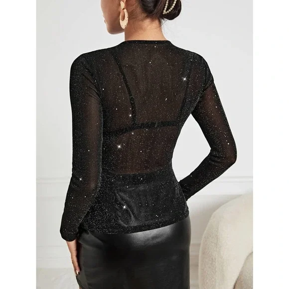 Long sleeve Glitter Sheer Mesh Top Without Bra black - Picture 2 of 5